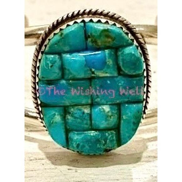 Kingman Turquoise Oval Grid Inlay Cluster Cuff Sterling Silver SZ 6-8 - Picture 4 of 5
